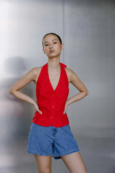 BISK THE LABEL RUE RED LINEN BLEND HALTER VEST - STUDIO JO STORE